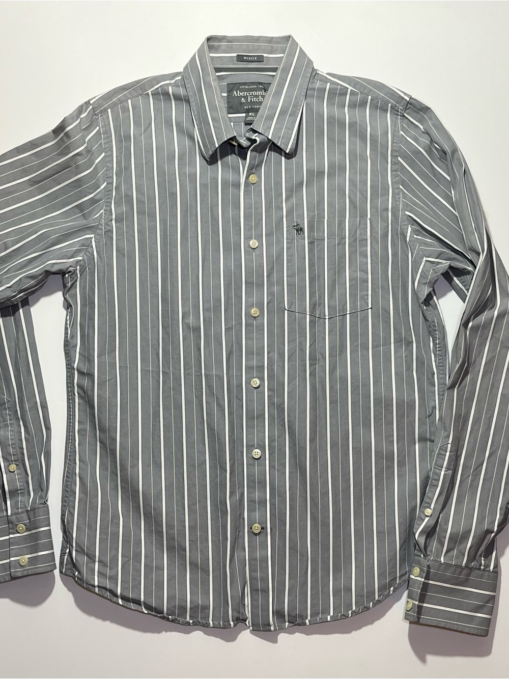 Vintage Y2K Men’s Abercrombie Long Sleeve Striped Button Shirt, Muscle, Gray